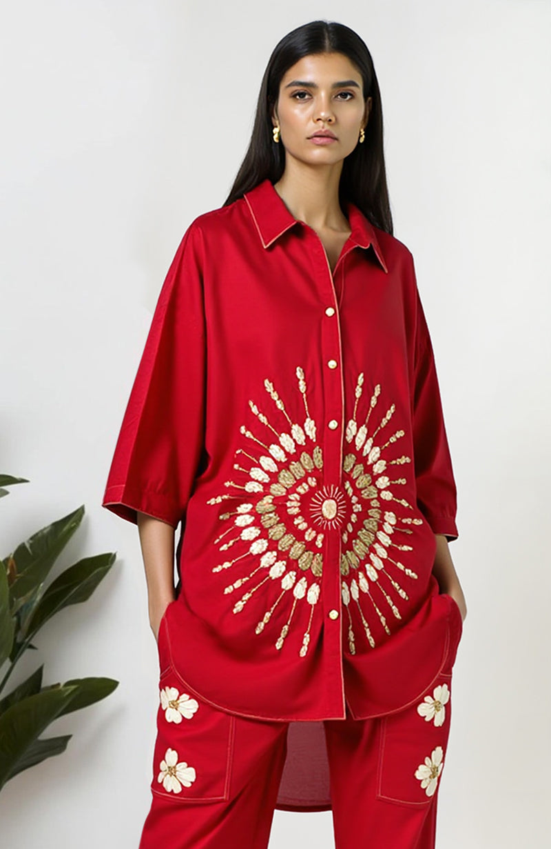 Poise Red Floral Embroidered Shirt & Trouser Set