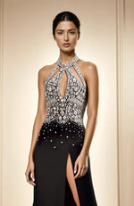 Elegant Black Halter Gown with Embellished Bodice and Thigh-High Slit