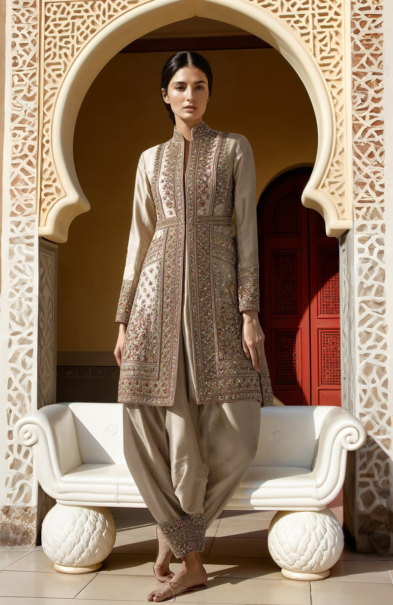 Ivory Kashidakari Jamawar Embroidered Jacket & Draped Salwar Set