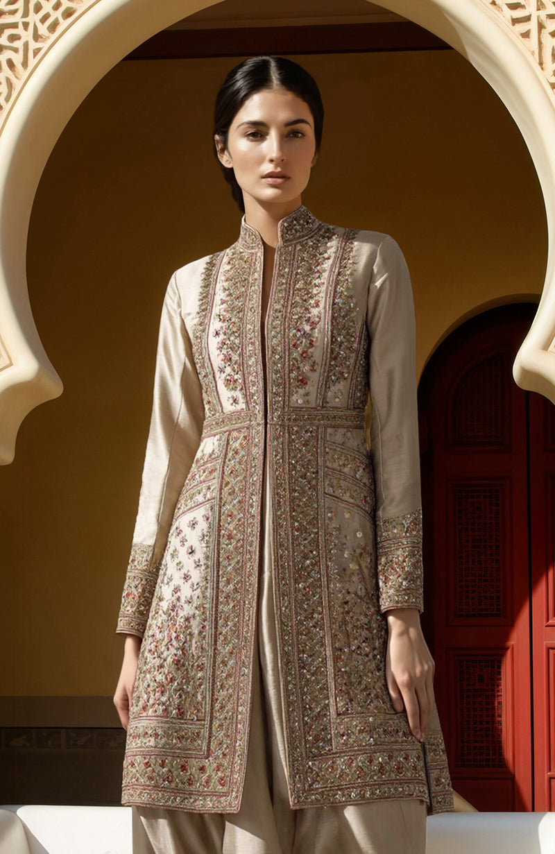 Ivory Kashidakari Jamawar Embroidered Jacket & Draped Salwar Set