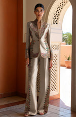 Ivory Embellished Blazer & Wide-Leg Trousers Set