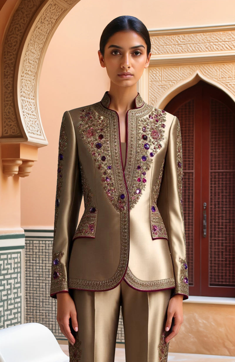 Gold Embroidered Blazer & Wide-Leg Trousers Set