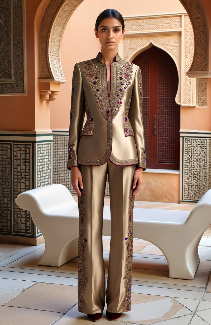 Gold Embroidered Blazer & Wide-Leg Trousers Set