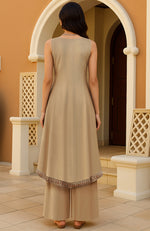 Beige Asymmetric Kashidakari Jamawar Embroidered Tunic & Wide-Leg Trousers Set