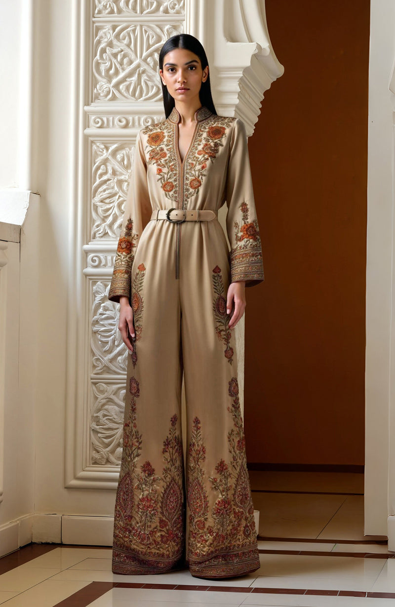 Beige Kashmir Jamawar Embroidered Belted Jumpsuit