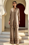 Beige Kashmir Jamawar Embroidered High-Low Kurta & Wide-Leg Trousers Set