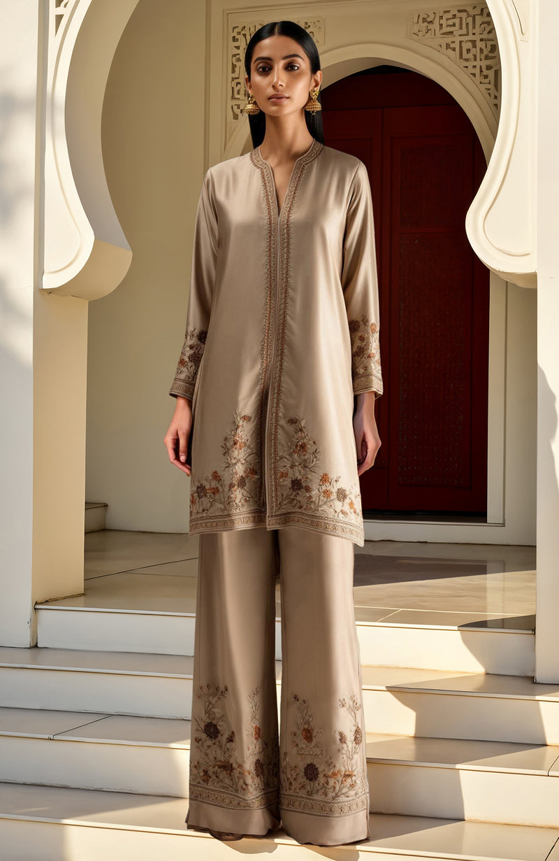 Beige Kashmir Jamawar Embroidered High-Low Kurta & Wide-Leg Trousers Set