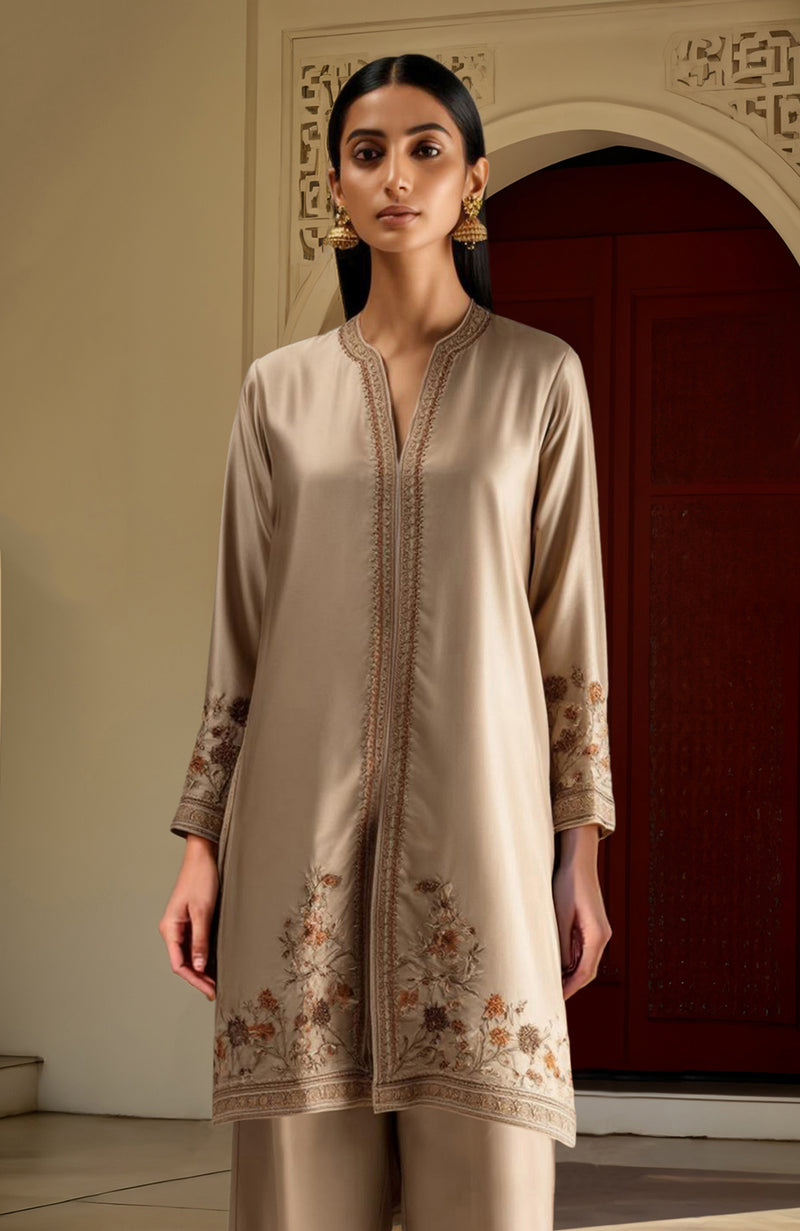 Beige Kashmir Jamawar Embroidered High-Low Kurta & Wide-Leg Trousers Set