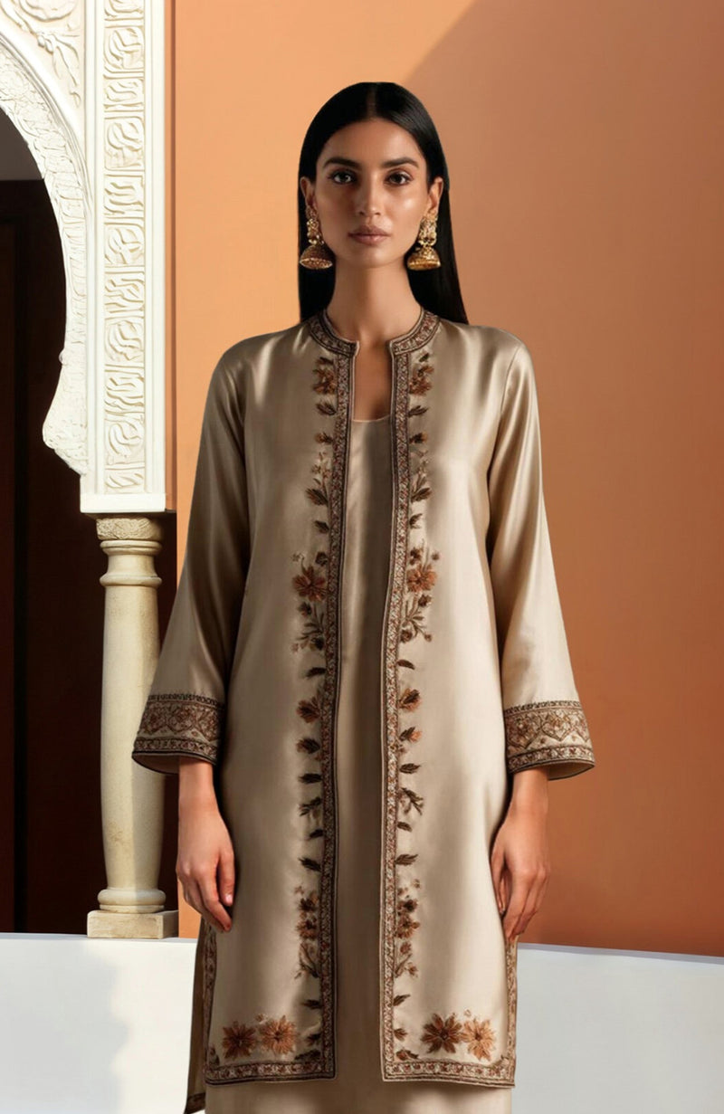 Beige Kashmir Jamawar Embroidered Long Jacket & Wide-Leg Trousers Set