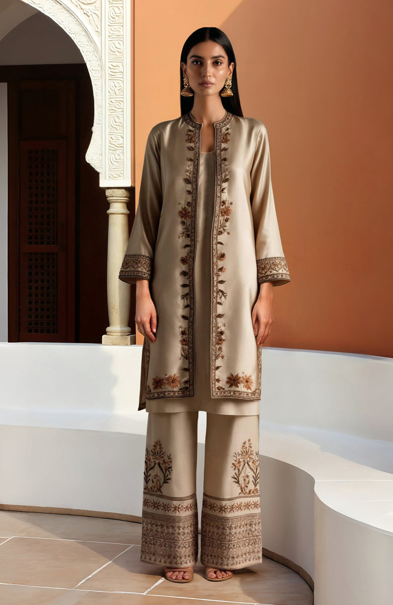 Beige Kashmir Jamawar Embroidered Long Jacket & Wide-Leg Trousers Set