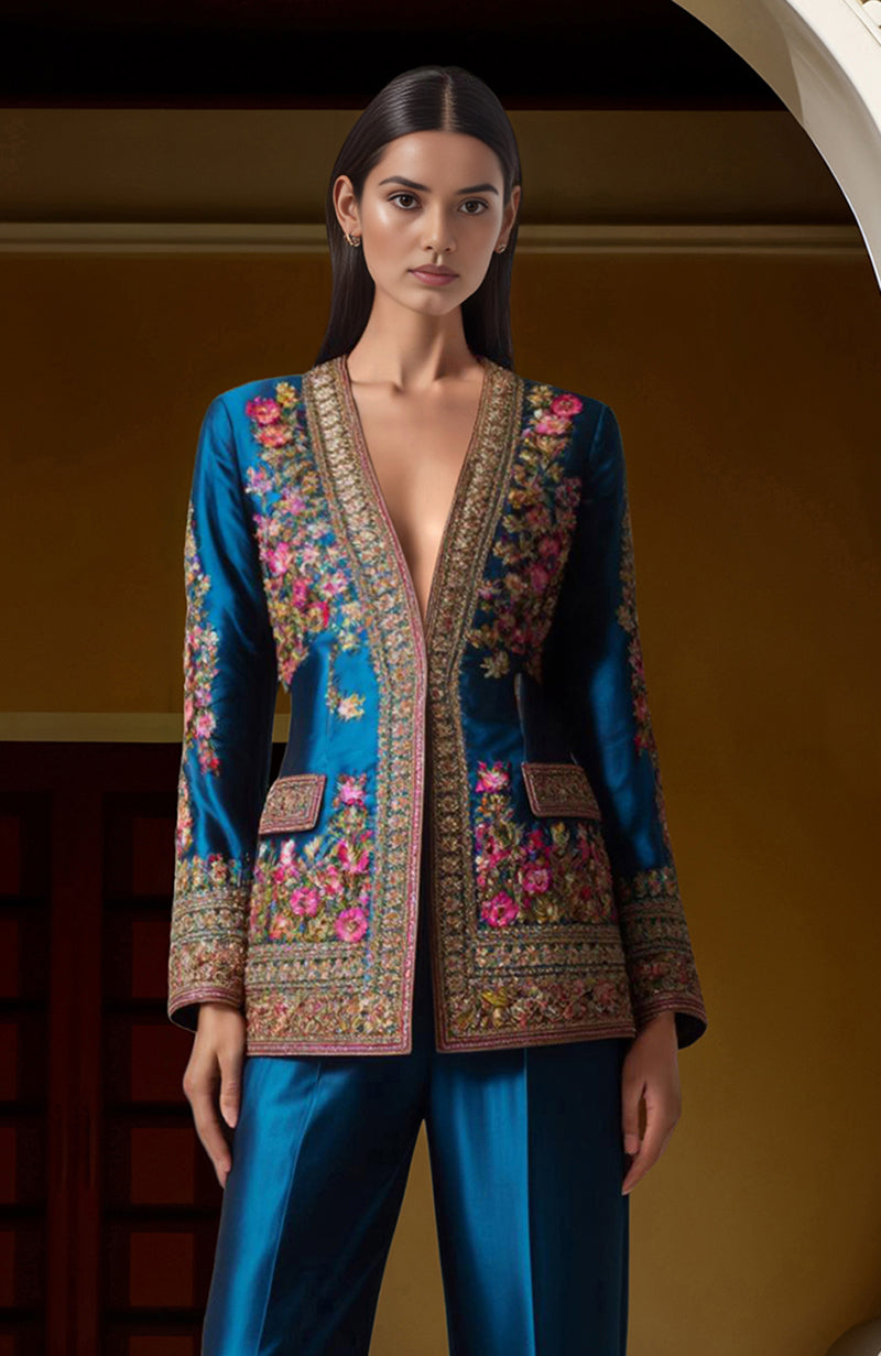 Teal Elegance Zardozi & Resham Embroidered Ensemble