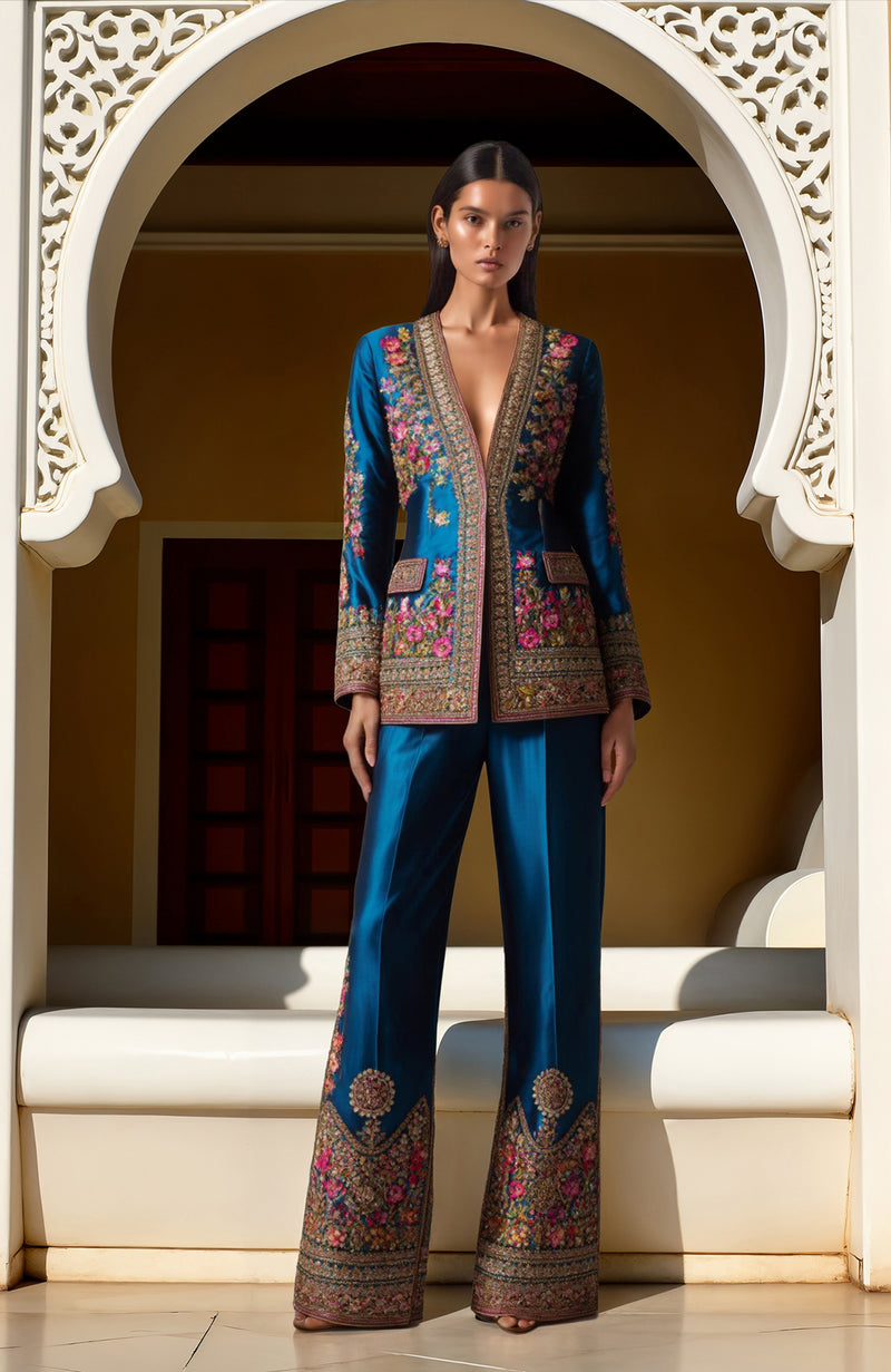 Teal Elegance Zardozi & Resham Embroidered Ensemble