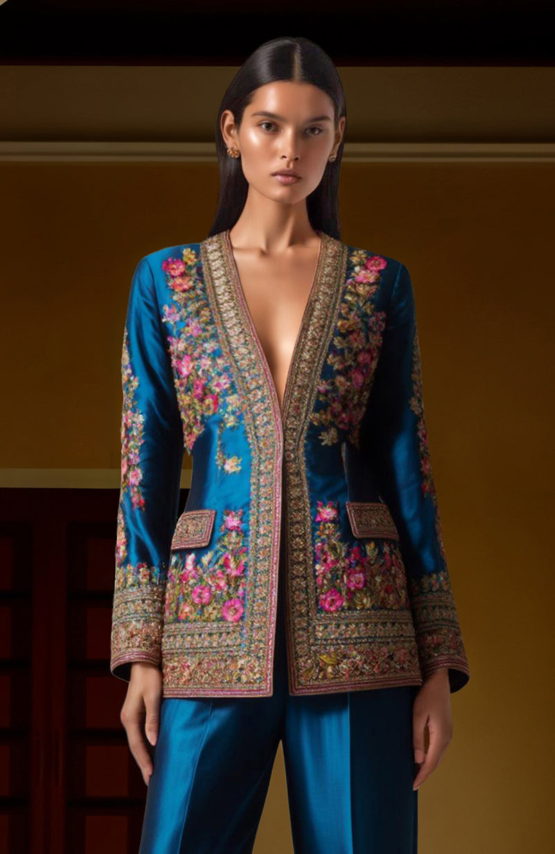 Teal Elegance Zardozi & Resham Embroidered Ensemble