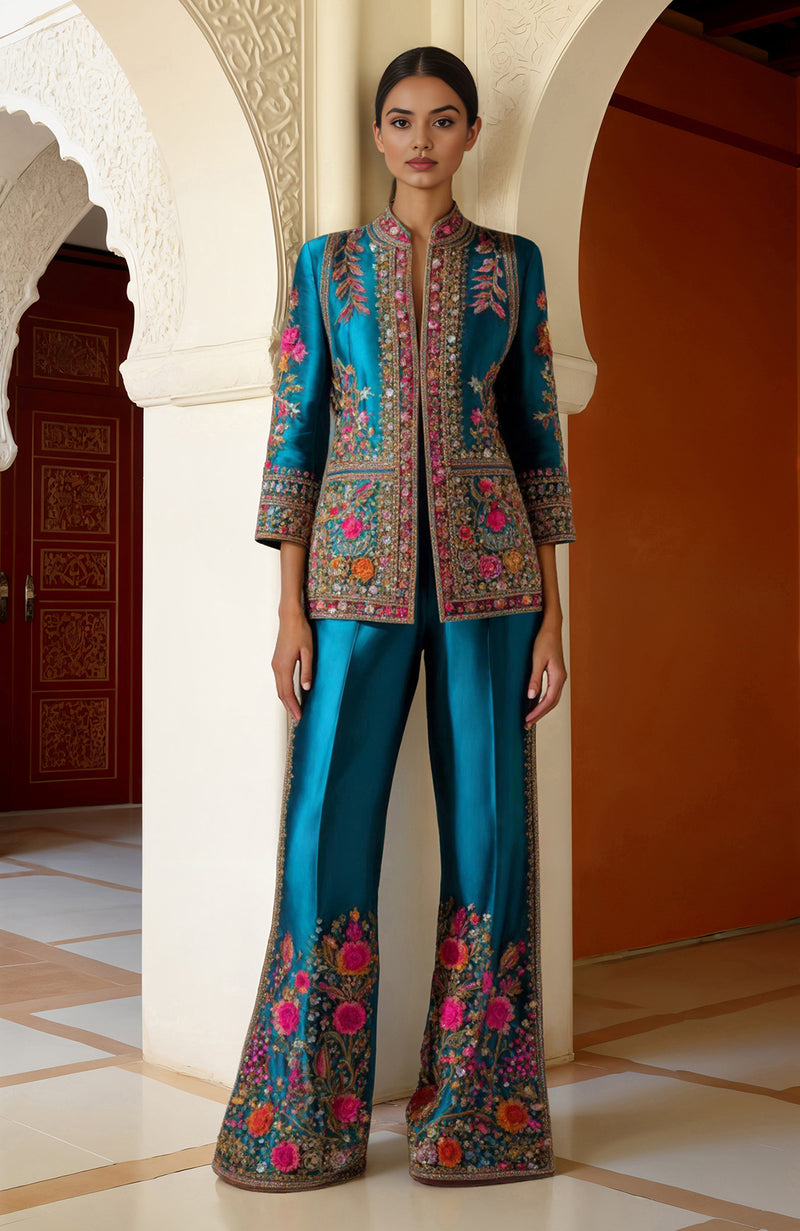 Turquoise Bloom Zardozi & Resham Embroidered Ensemble