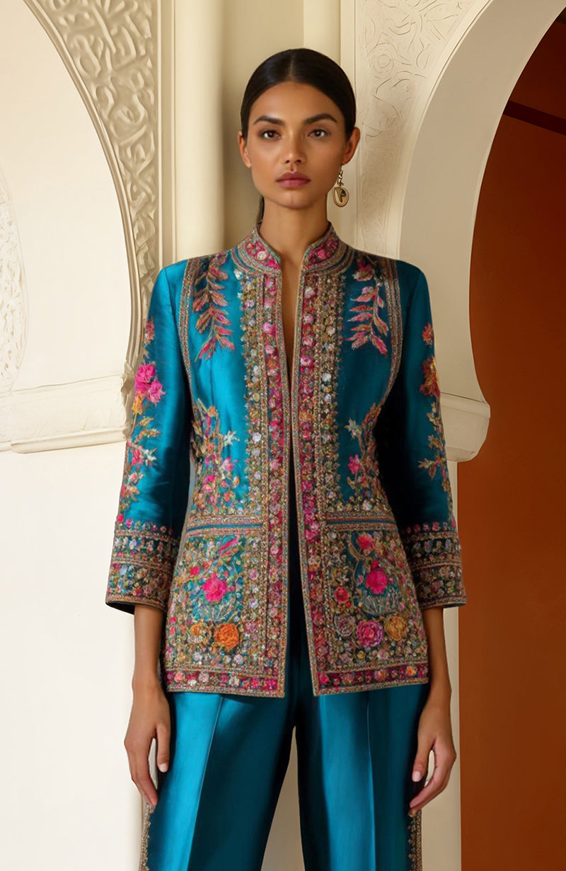 Turquoise Bloom Zardozi & Resham Embroidered Ensemble