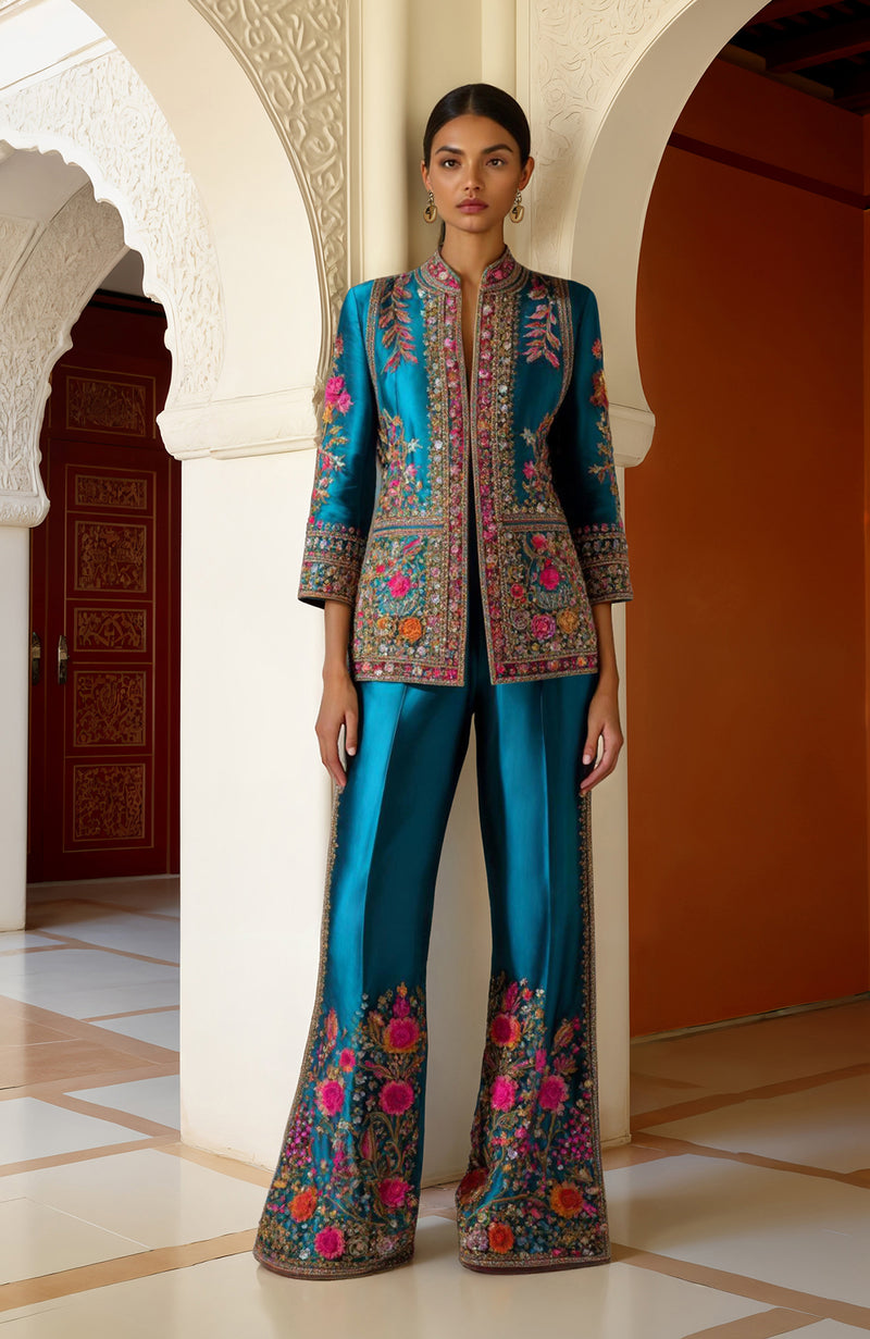 Turquoise Bloom Zardozi & Resham Embroidered Ensemble