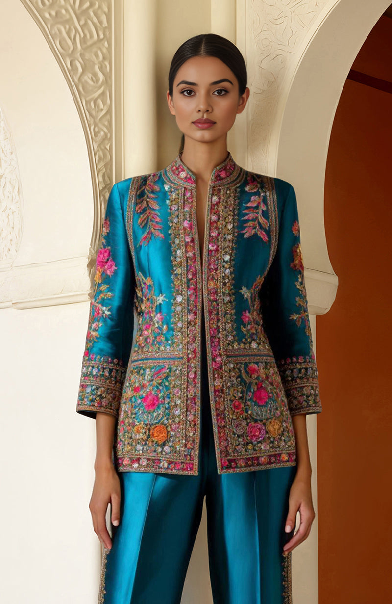 Turquoise Bloom Zardozi & Resham Embroidered Ensemble