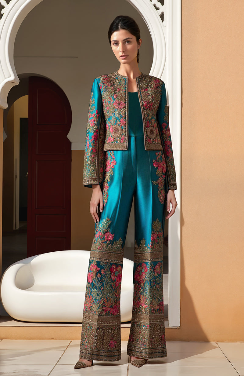Regal Teal Zardozi & Resham Embroidered Jacket & Jumpsuit Ensemble