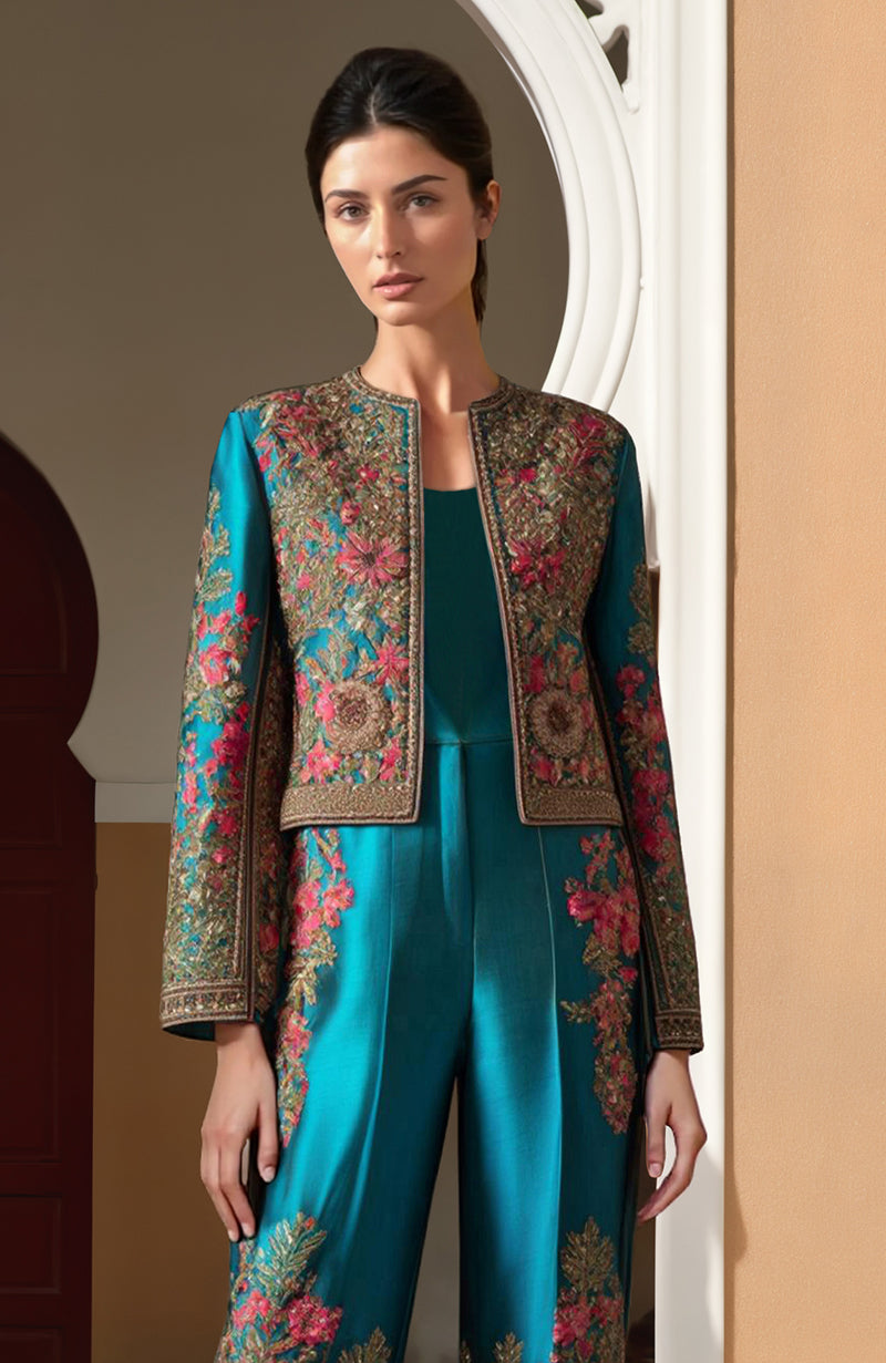 Regal Teal Zardozi & Resham Embroidered Jacket & Jumpsuit Ensemble