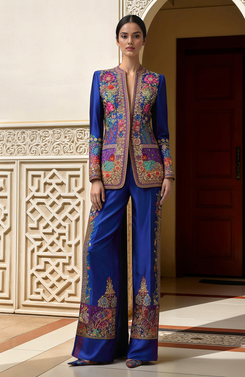 Royal Sapphire Zardozi & Resham Embroidered Ensemble