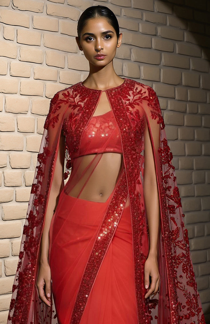 Scarlet Majesty Embroidered Cape Saree