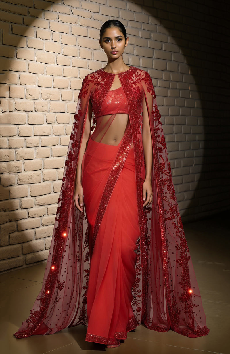Scarlet Majesty Embroidered Cape Saree