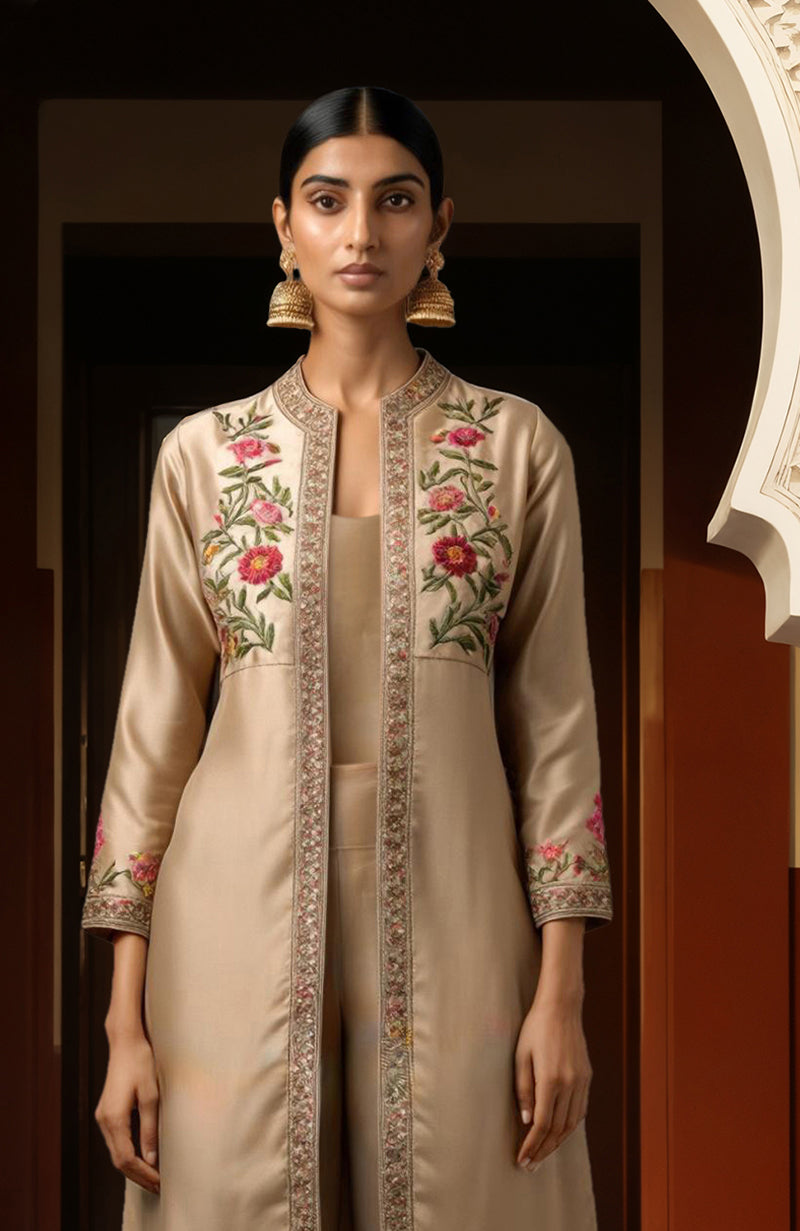 Beige Paper Mache Kashidakari Embroidered Jacket Set