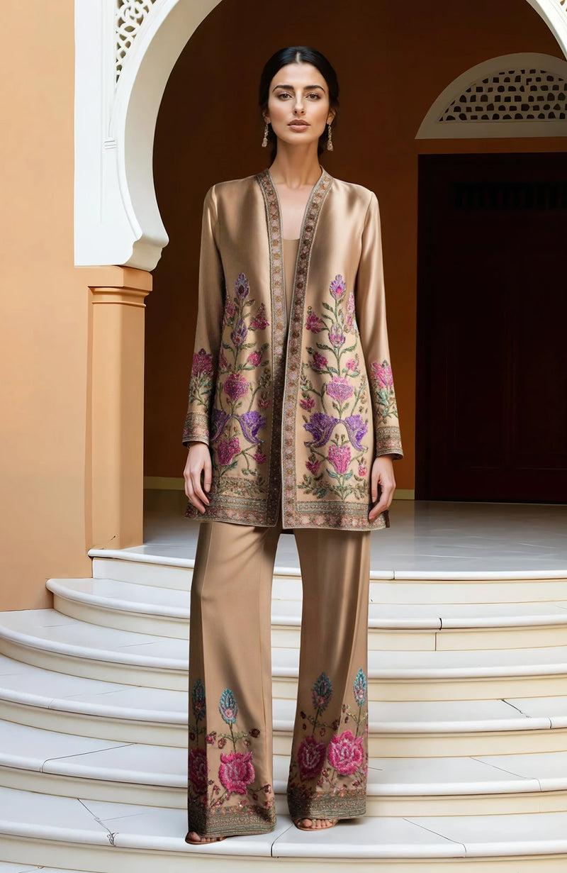 Beige Paper Mache Kashidakari Embroidered Jacket Set