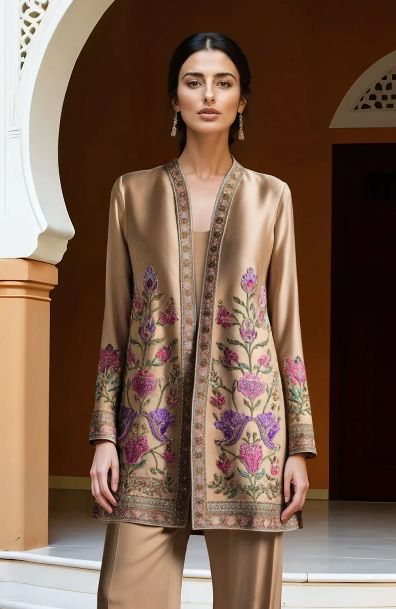 Beige Paper Mache Kashidakari Embroidered Jacket Set