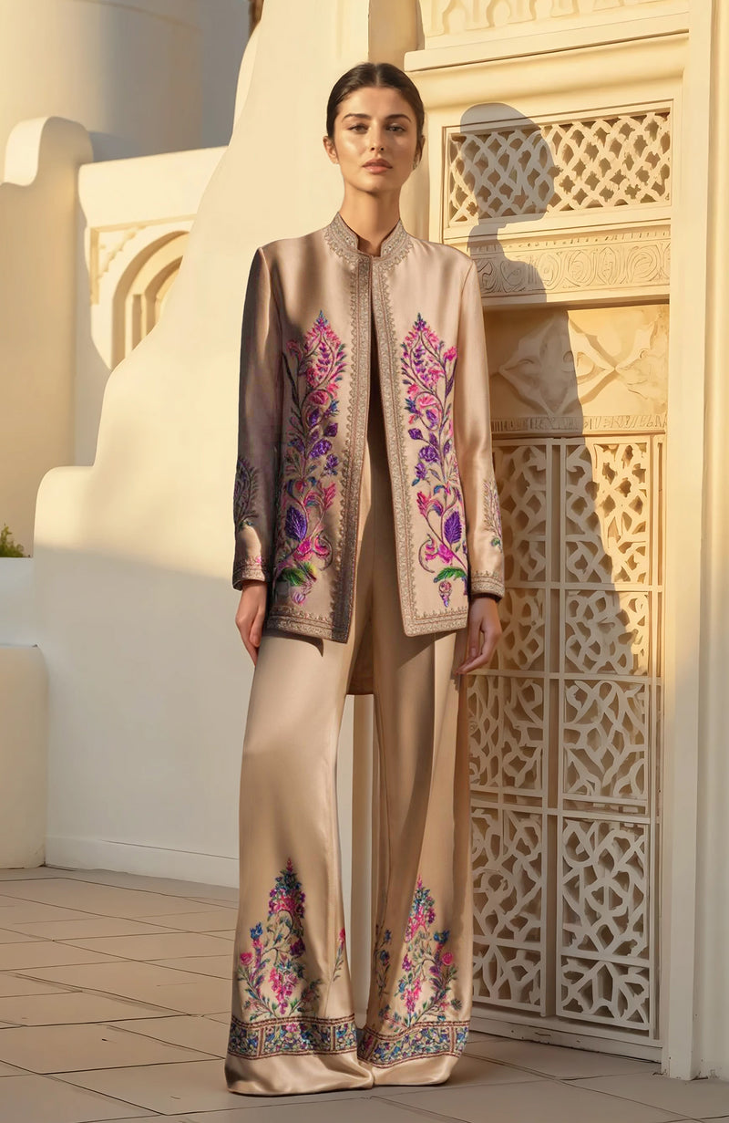 Timeless Elegance Beige Gold Zardozi & Resham Embroidered Set