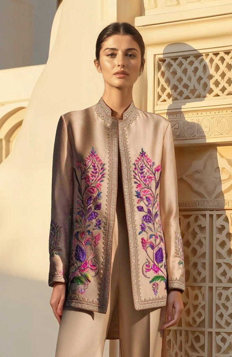 Timeless Elegance Beige Gold Zardozi & Resham Embroidered Set