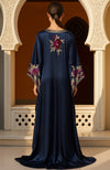 Navy Blue Gold and Burgundy Floral Embroidered Kaftan Dress