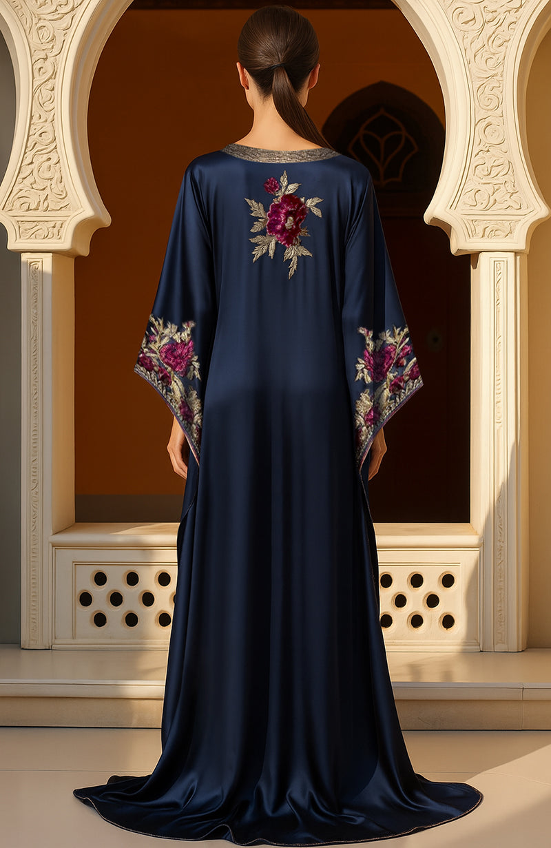 Navy Blue Gold and Burgundy Floral Embroidered Kaftan Dress