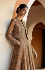 Earthy Brown Paisley Embroidered Anarkali Gown with Cropped Jacket