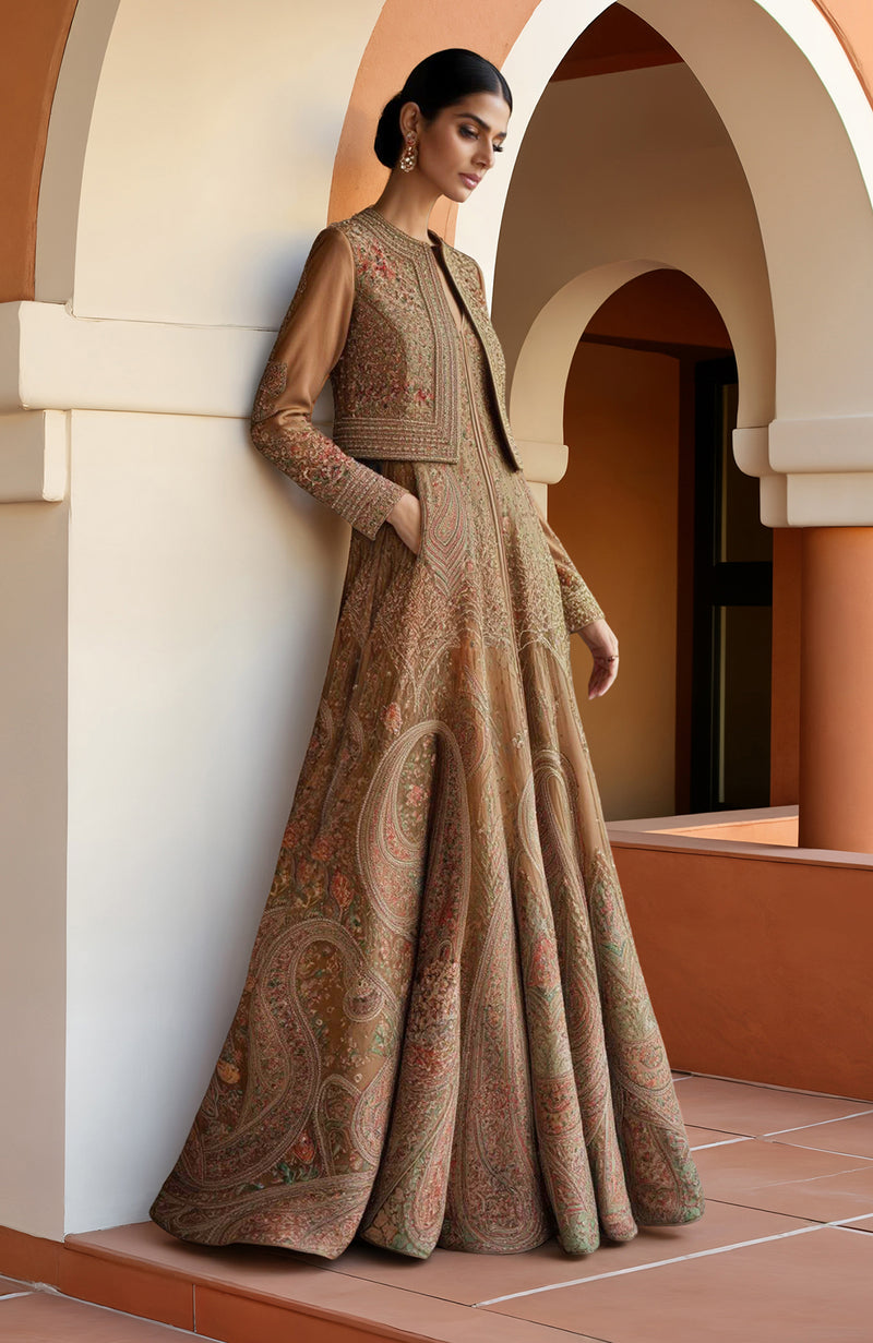 Earthy Brown Paisley Embroidered Anarkali Gown with Cropped Jacket