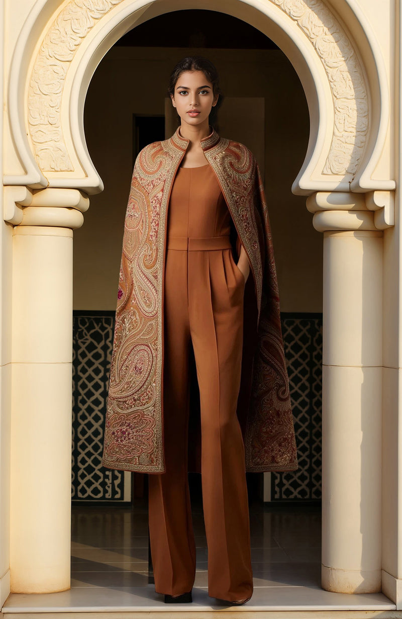 Rust-Brown Paisley Embroidered Cape with Jumpsuit