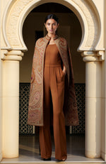 Rust-Brown Paisley Embroidered Cape with Jumpsuit