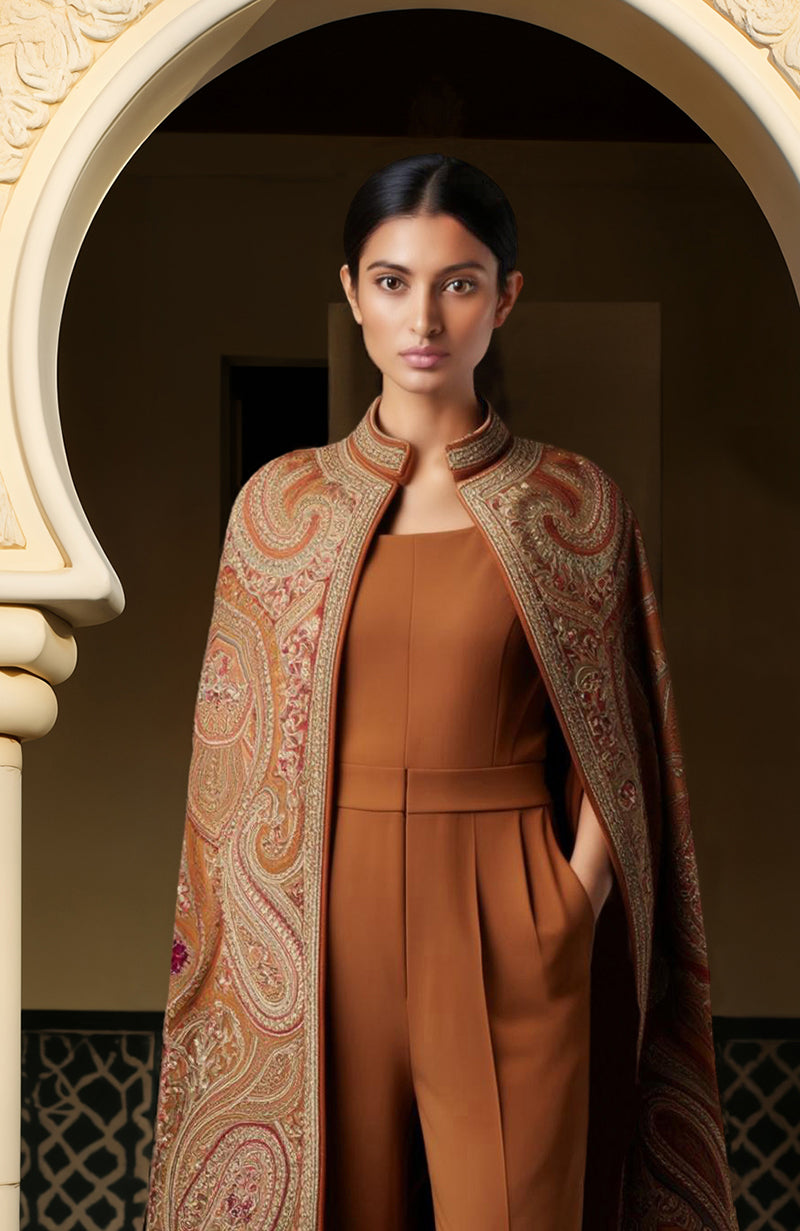 Rust-Brown Paisley Embroidered Cape with Jumpsuit