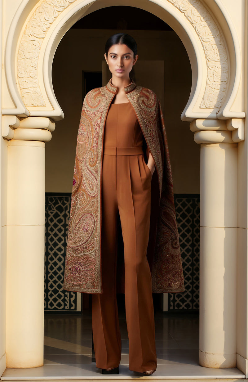 Rust-Brown Paisley Embroidered Cape with Jumpsuit