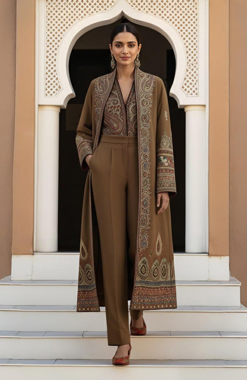 Olive-Brown Paisley Embroidered Jacket Set