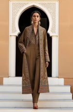 Olive-Brown Paisley Embroidered Jacket Set