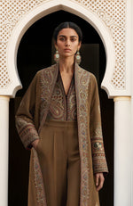 Olive-Brown Paisley Embroidered Jacket Set