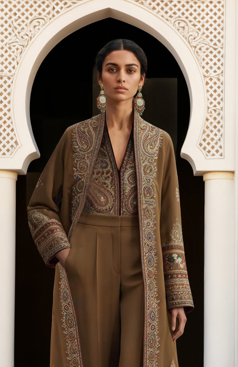 Olive-Brown Paisley Embroidered Jacket Set