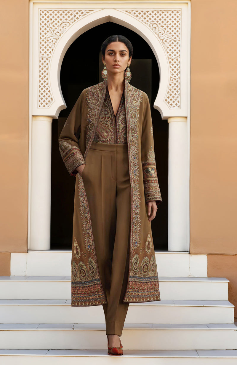 Olive-Brown Paisley Embroidered Jacket Set