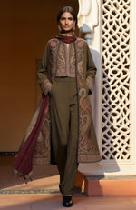 Opulent Olive Paisley Embroidered Jacket Set