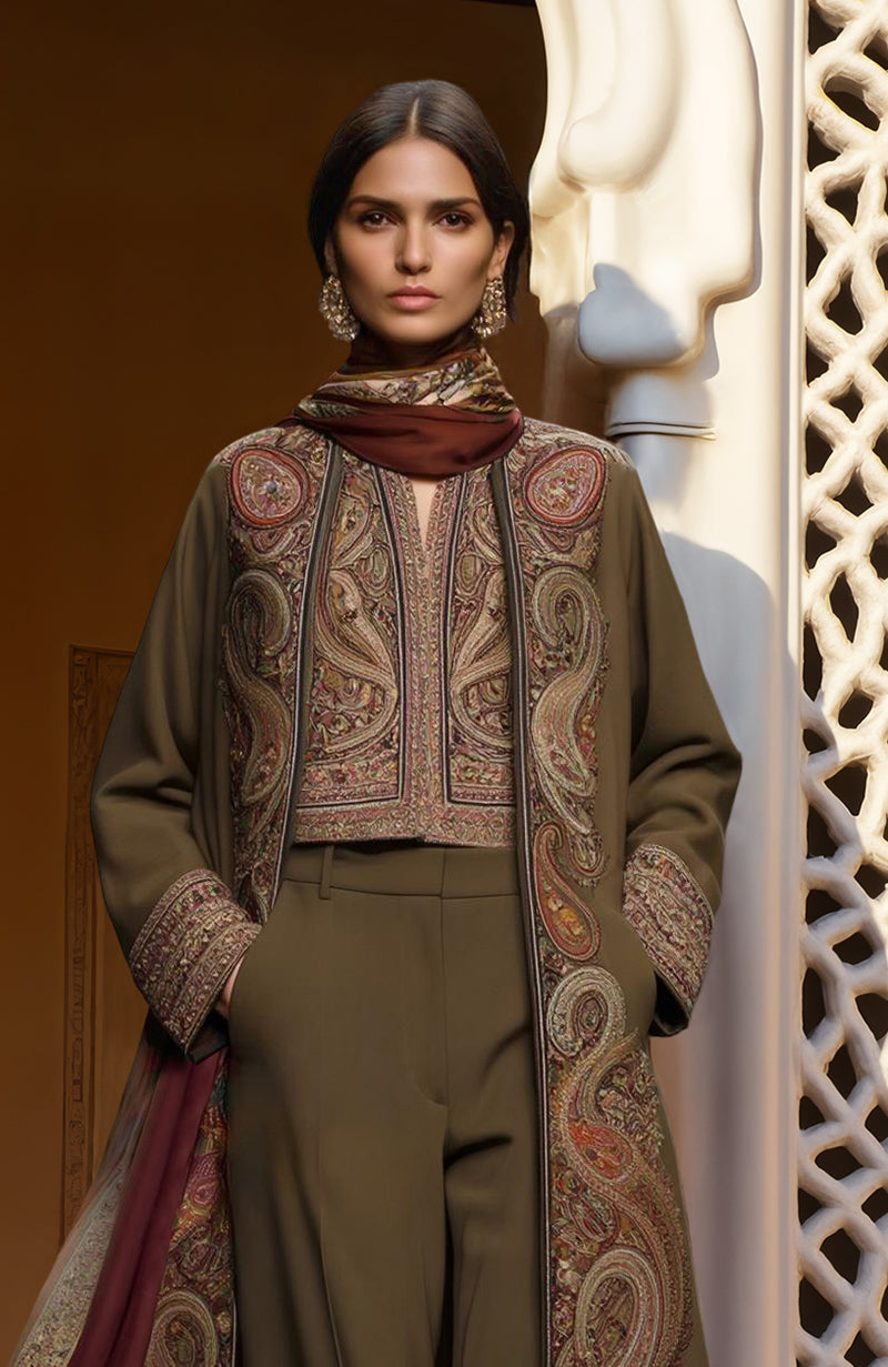 Opulent Olive Paisley Embroidered Jacket Set