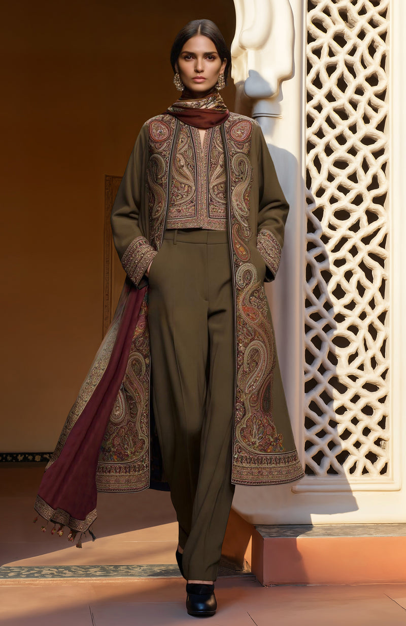 Opulent Olive Paisley Embroidered Jacket Set