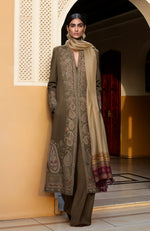 Elegant Olive Paisley Embroidered Long Jacket With Jumpsuit