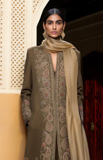Elegant Olive Paisley Embroidered Long Jacket With Jumpsuit