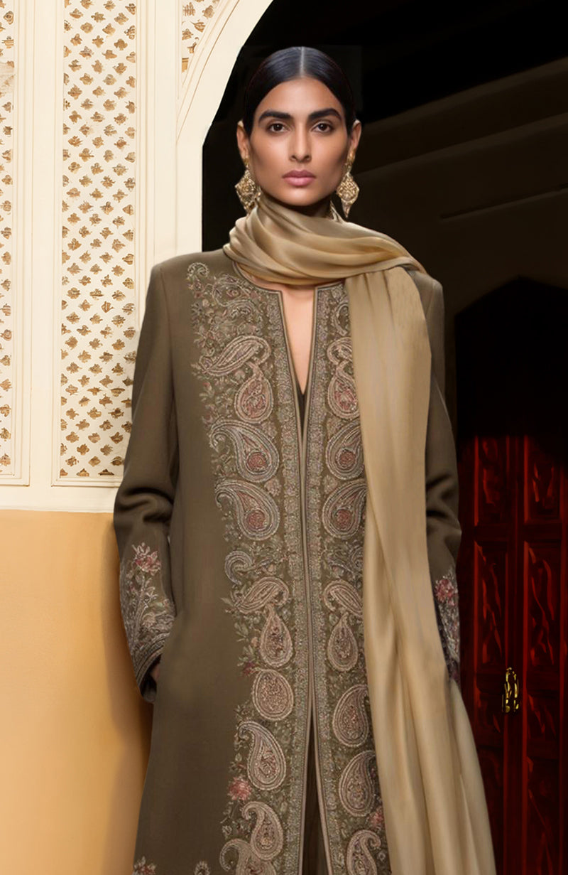 Elegant Olive Paisley Embroidered Long Jacket With Jumpsuit